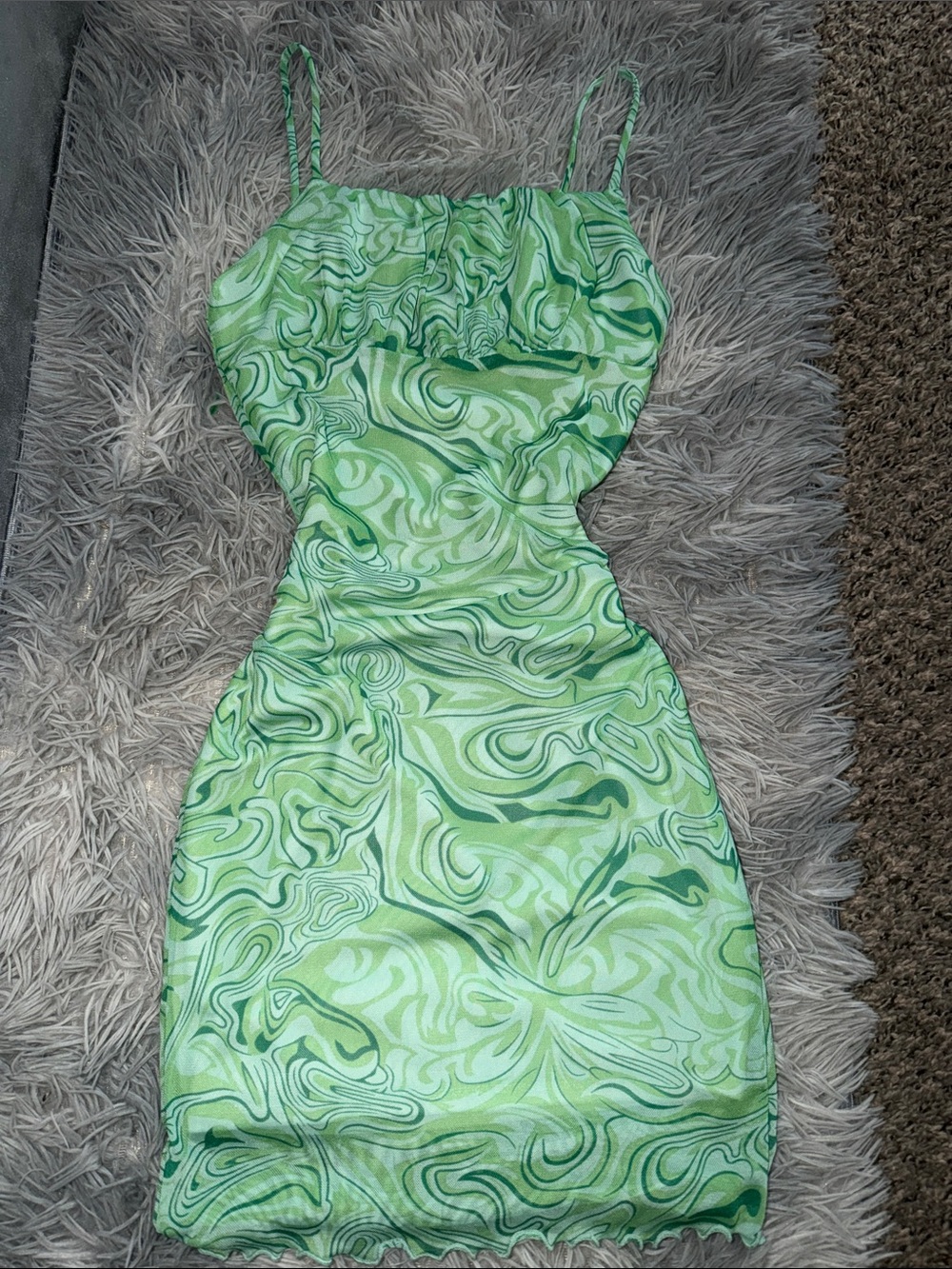Green Swirl Print Slip Dress - Casual Spaghetti Strap